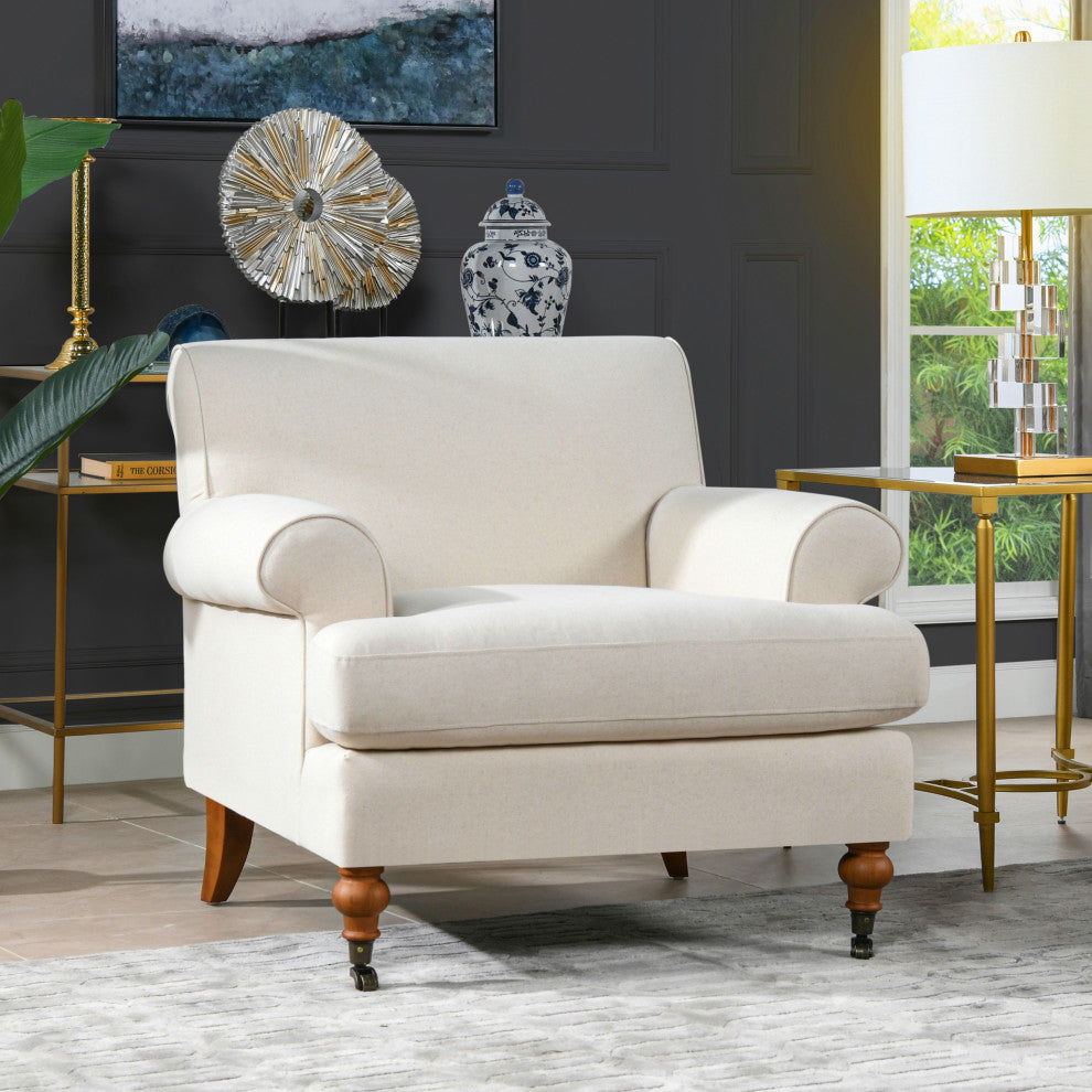 Alana 38" Lawson Accent Arm Chair, Metal Casters, Light Beige Linen