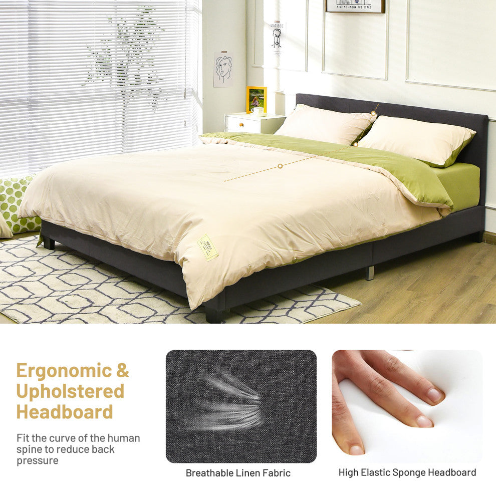 Costway Full Upholstered Platform Bed Frame with Linen Headboard Wood Slat Gray