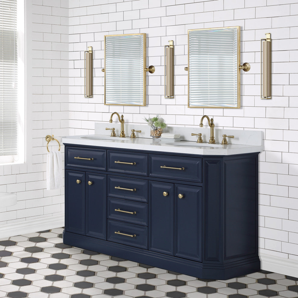 Palace 60" Double Sink White Quartz Countertop With Mirror, Blue