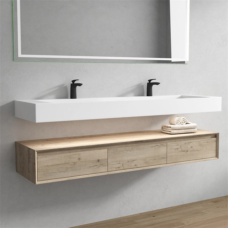 Alysa 72'' Floating Vanity, Acrylic Sink, Double Faucet Hole, Light White Oak