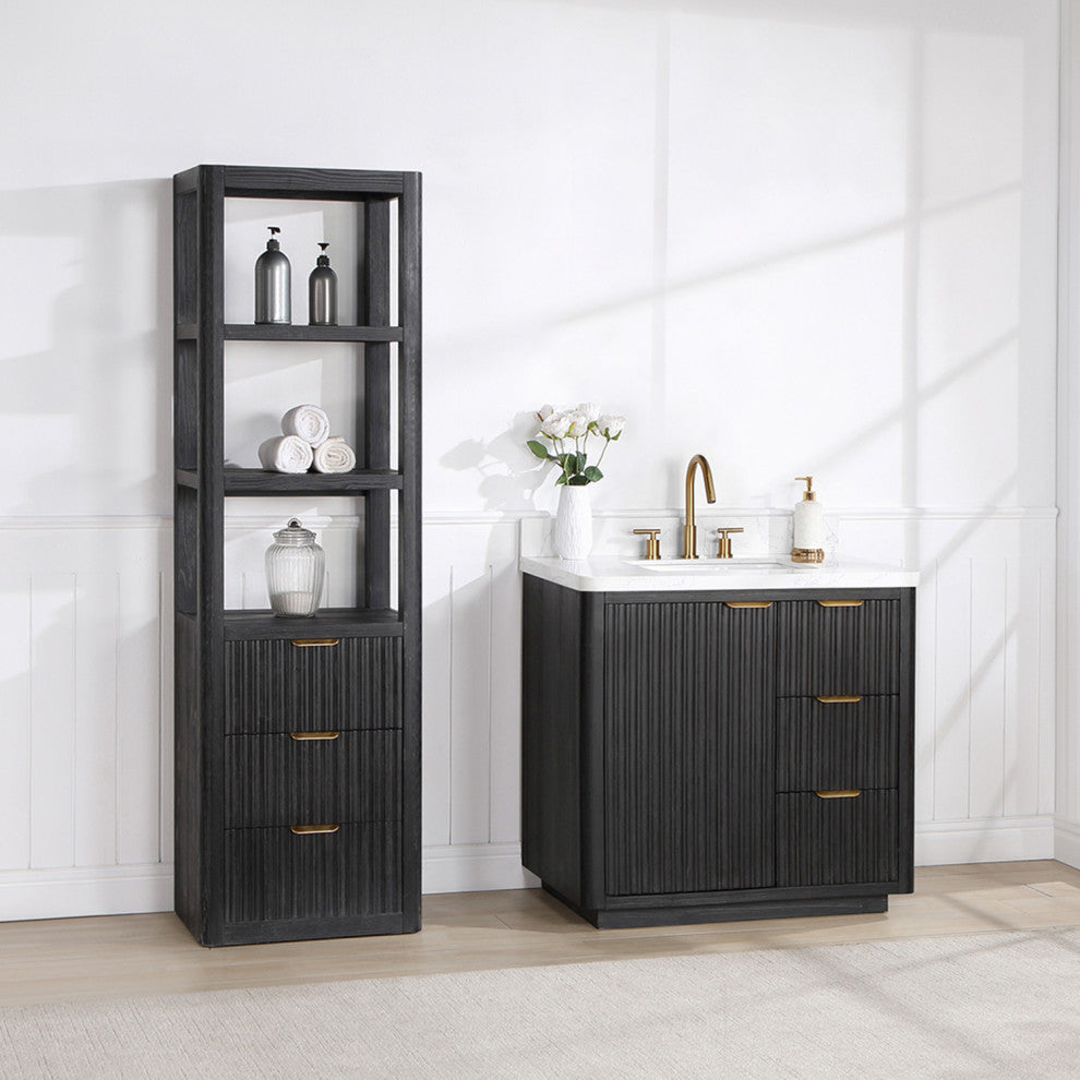 Vinnova Cadiz Bath Vanity, Composite Stone Top, Black, 36", No Mirror