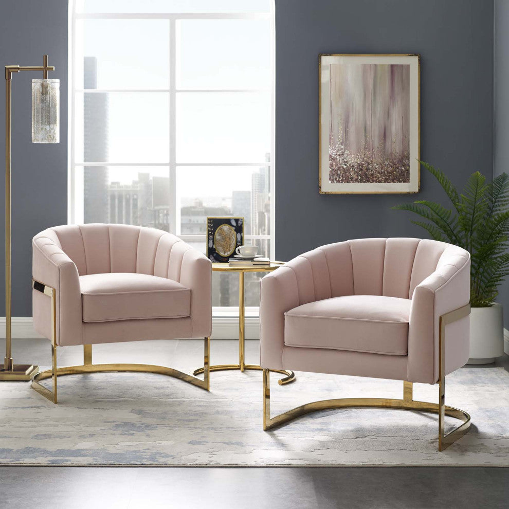 Armchair Accent Chair, Set of 2, Velvet, Metal, Pink, Modern, Lounge Hospitality