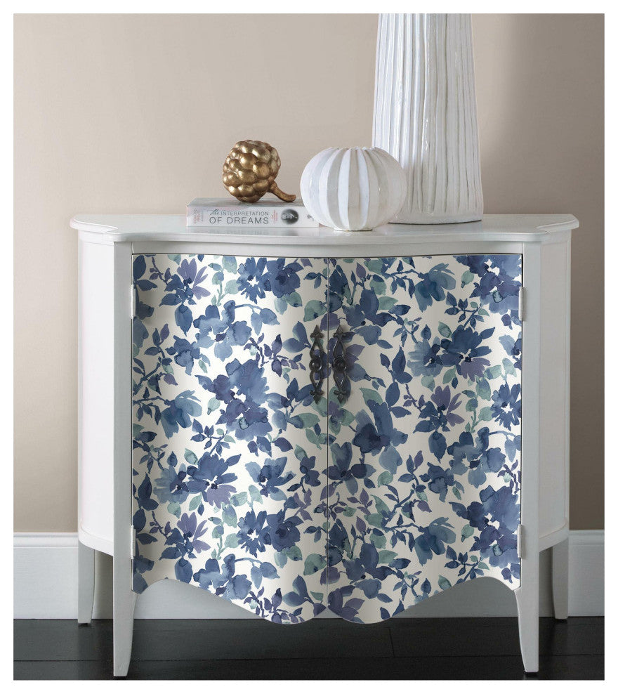 Watercolor Floral Peel and Stick Wallpaper, Blue and White