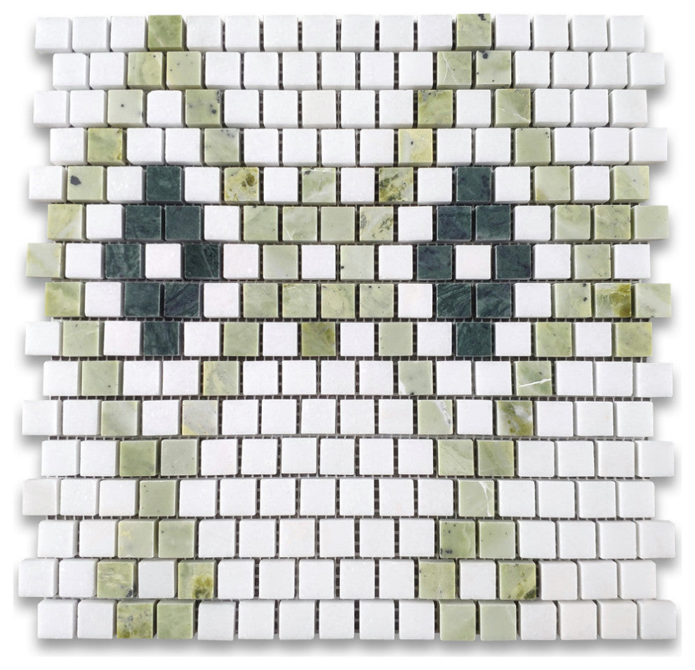 Thassos White Marble Square Diamond Mosaic Tile w/ Green Marble Honed, 1 sheet