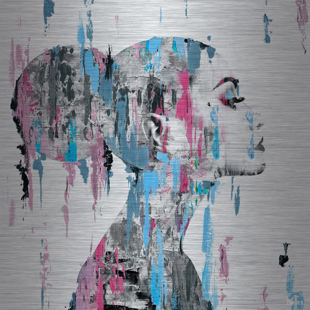 "Pink Blue Face Smudges" Painting Print on Brushed Aluminum, 48"x48"