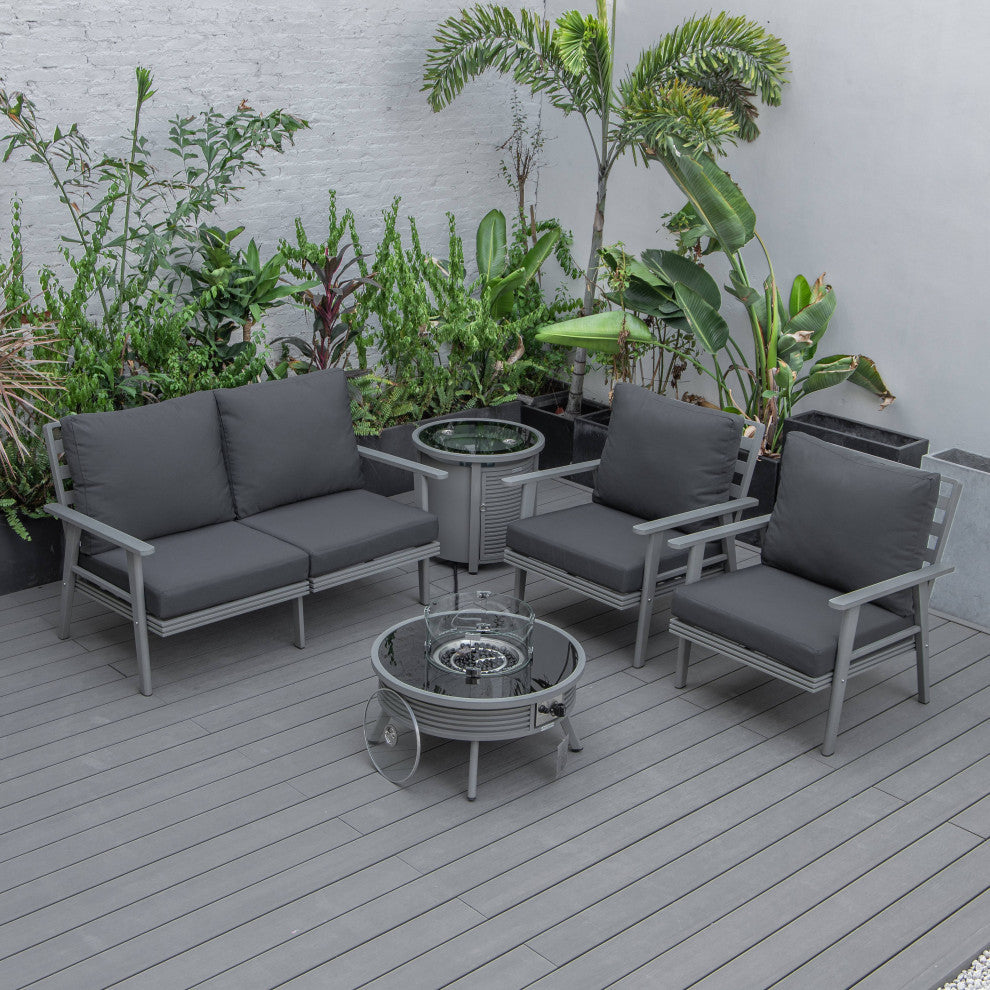 LeisureMod Walbrooke Patio Sofa Set With Round Fire Pit Table, Charcoal