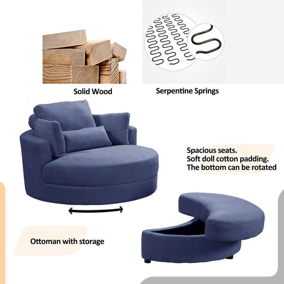 Modern Grey Sofa with a Storage and a Big Round Linen Fabric Chair for Lounge, Blue