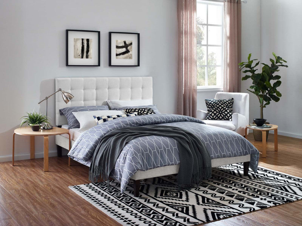 Contemporary Modern Designer Bedroom King Size Tufted Headboard, Fabric, White