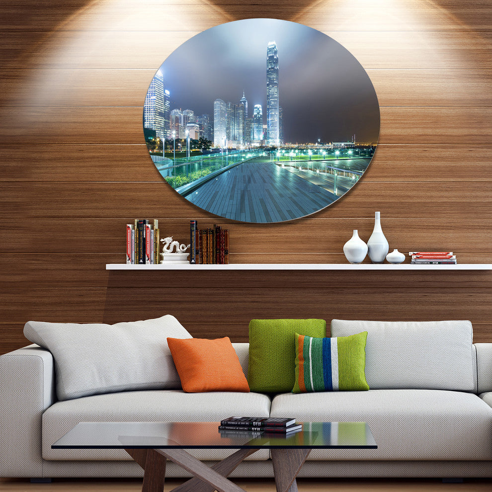 Night Pathway In Modern City, Cityscape Art Round Wall Art, 11"