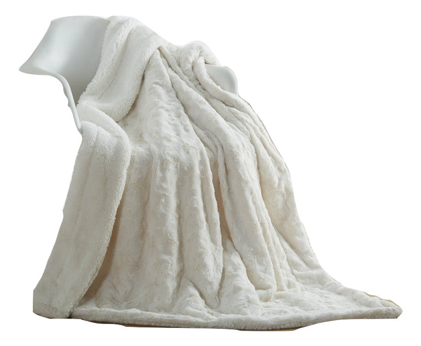 Roses Fur Sherpa Fleece Blanket, White Petal, 63x87