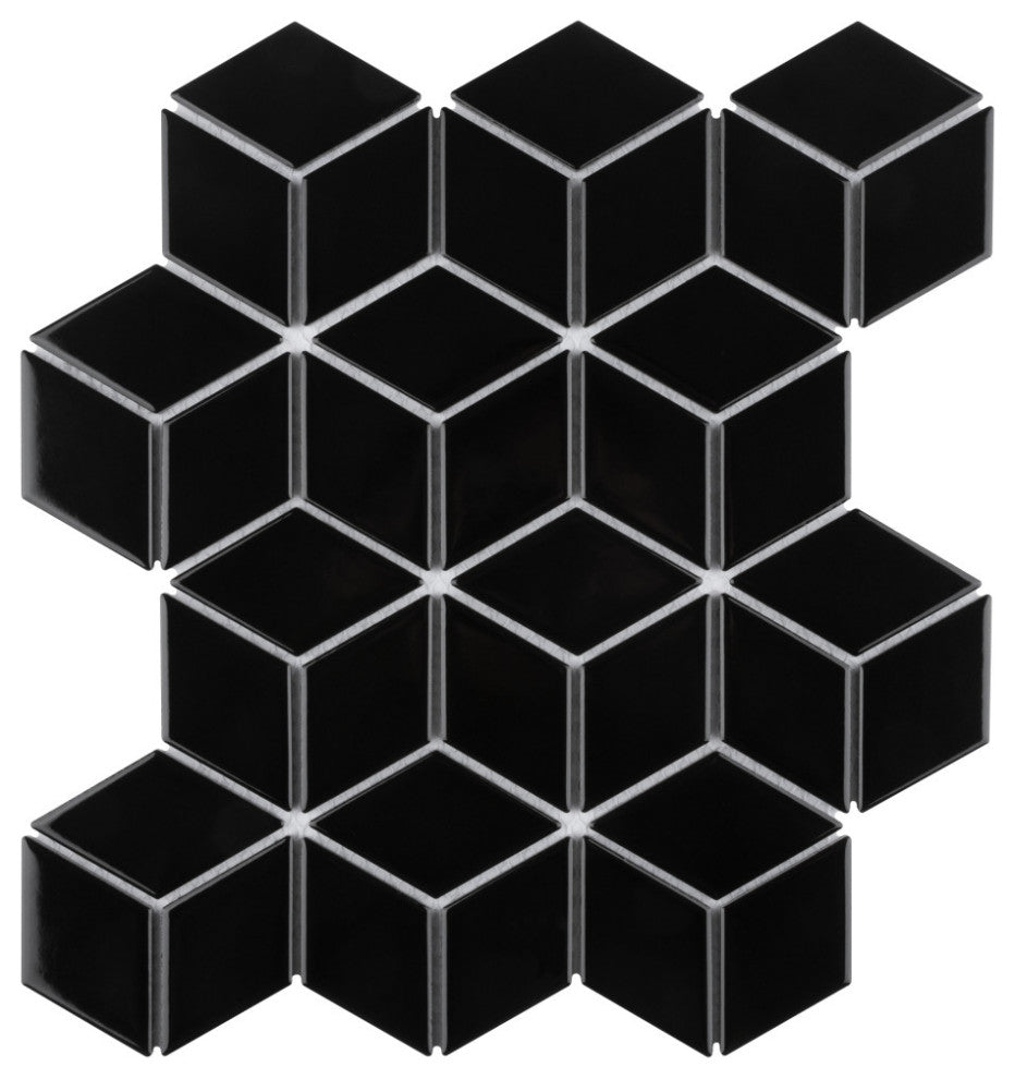 Metro Rhombus Glossy Black Porcelain Floor and Wall Tile
