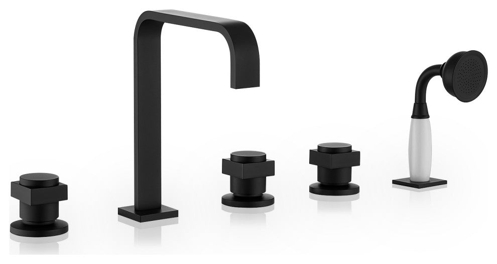 Vikran Triple Handle Deck-Mount Roman Tub Faucet Trim With Handshower, Matte Black