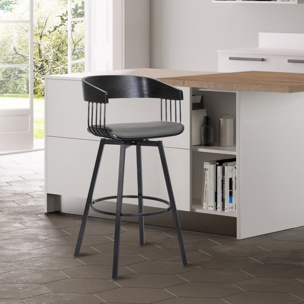 Athena Upholstered Wood Swivel Bar or Counter Stool with Black Metal