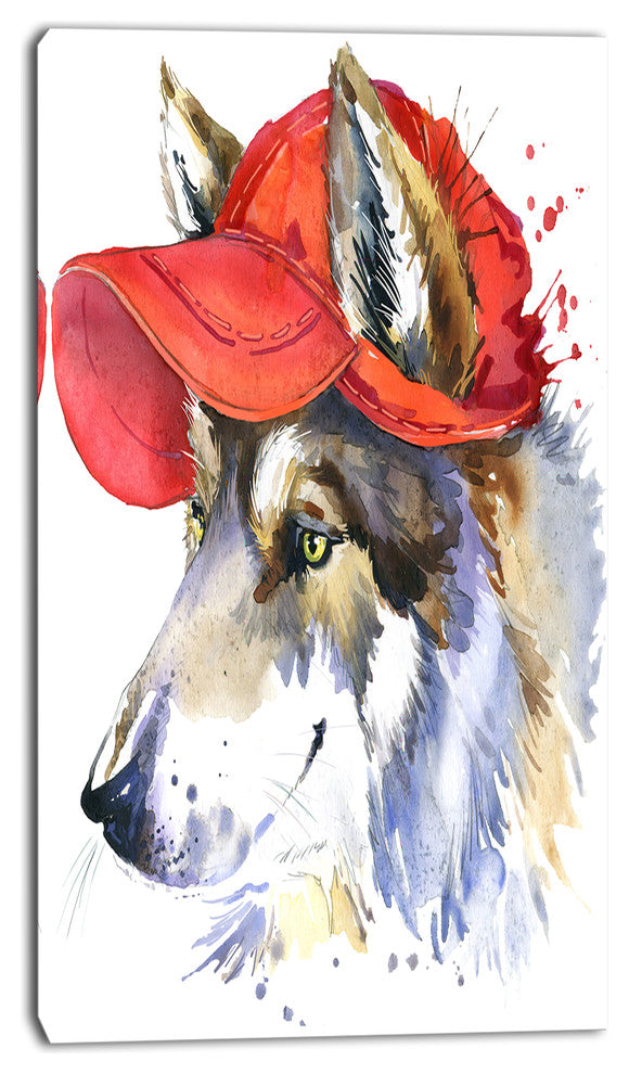 Wolf with Red Cap Illustration, Animal Canvas Wall Art, 16"x32"