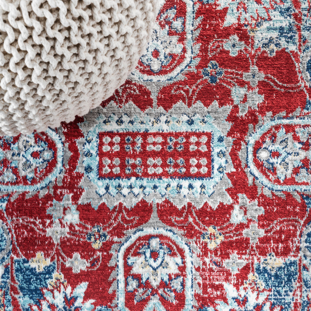 Modern Persian Vintage Medallion Red/Navy 2' x 8' Runner Rug