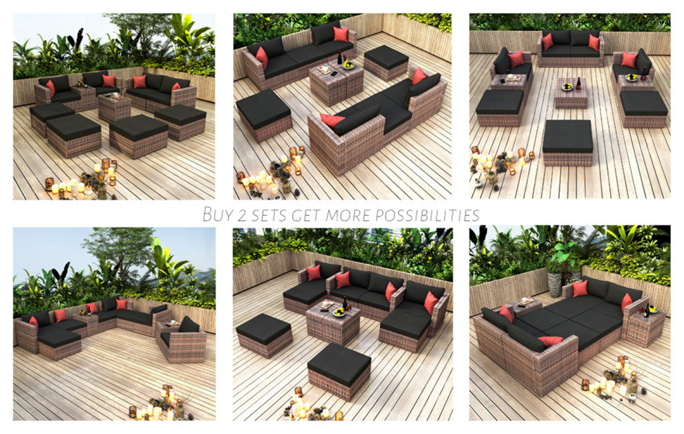 10-Pieces Wide Outdoor Wicker Reversible Patio Sectional With Cushions