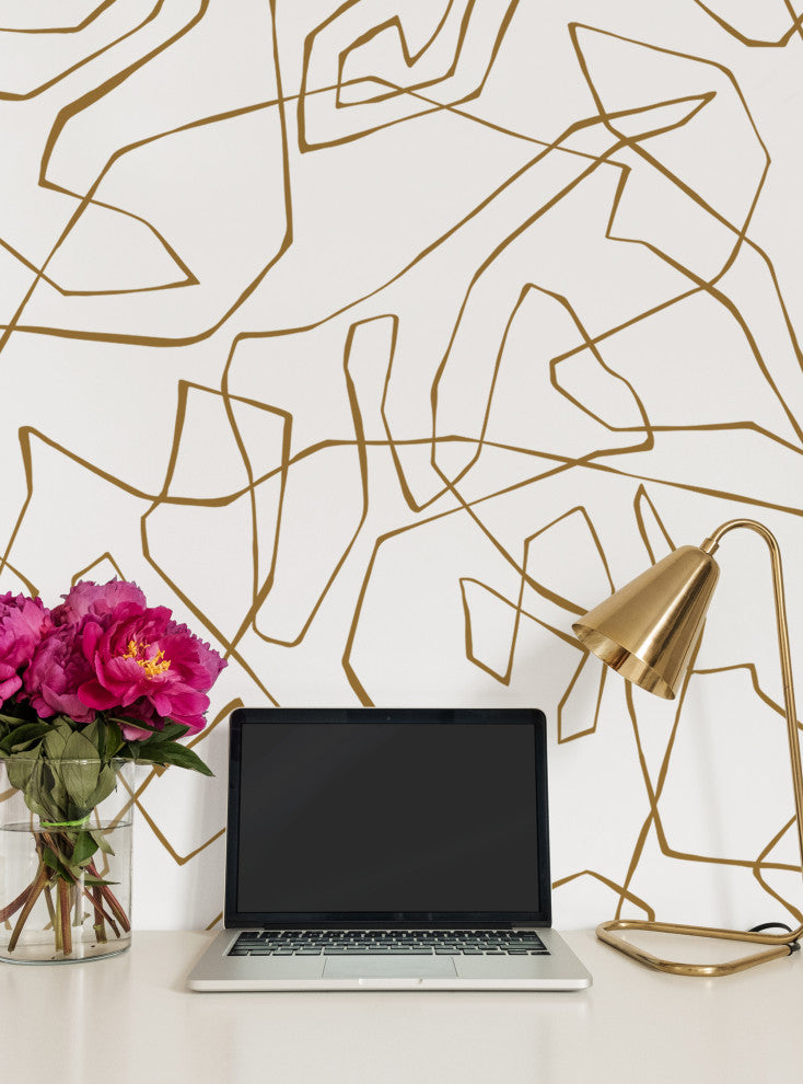Entangled Lines Abstract Vinyl Peel and Stick Mural, Gold, 24"x96", Single