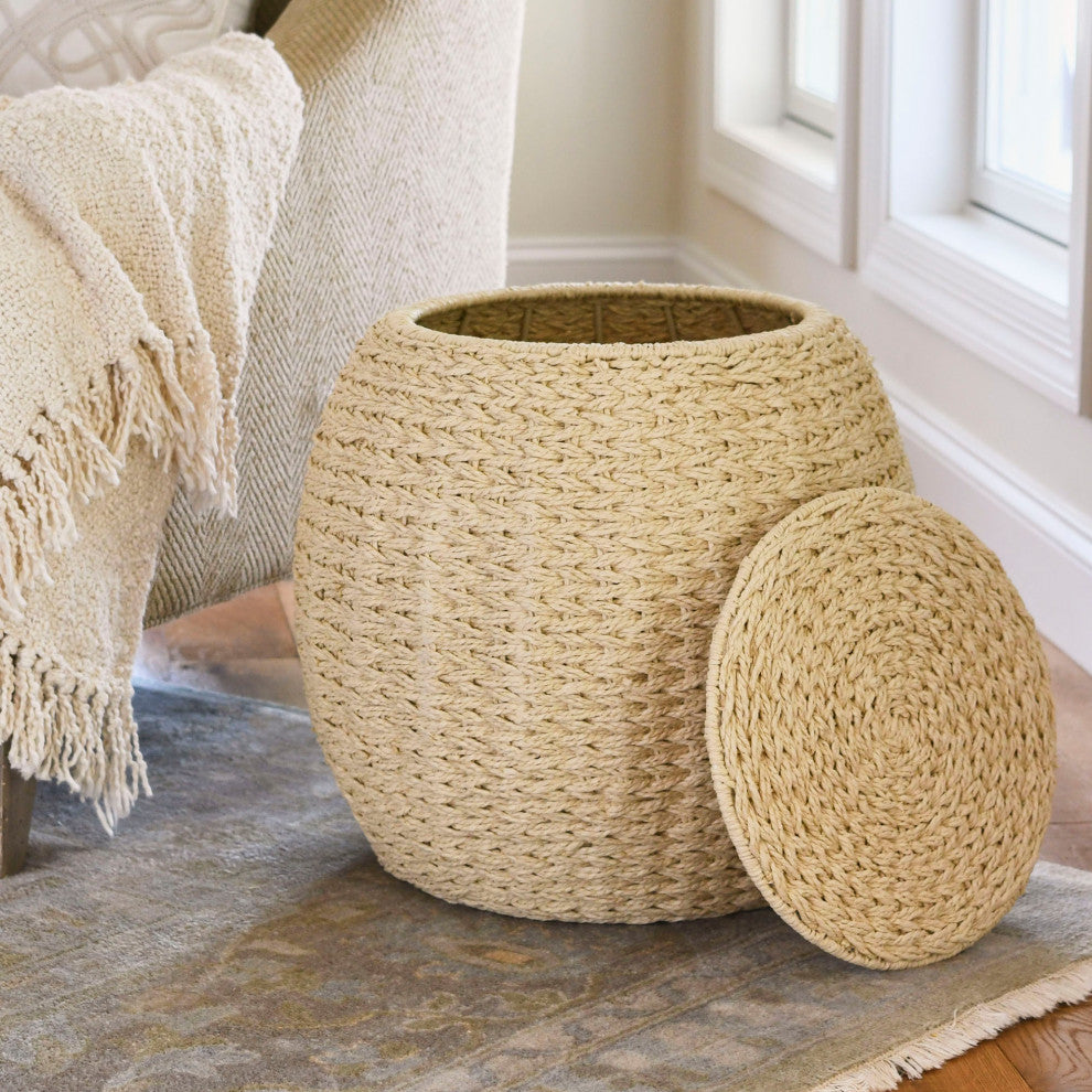 Handwoven Paper Rope Barrel Wicker Storage Basket Side Table