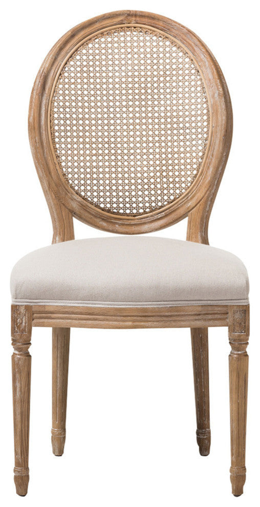 Adelia French Cottage Weathered Oak and Beige Dining Side Chair, Round Cane Back