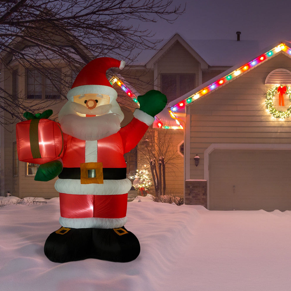 10' Tall Santa Claus Holding a Gift, Blow Up Inflatable With Lights
