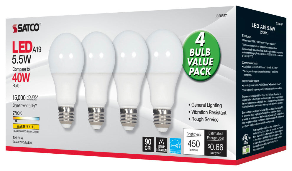 5.5W, A19 LED, Frosted, 2700K, Medium Base, 120V, 4-Pack