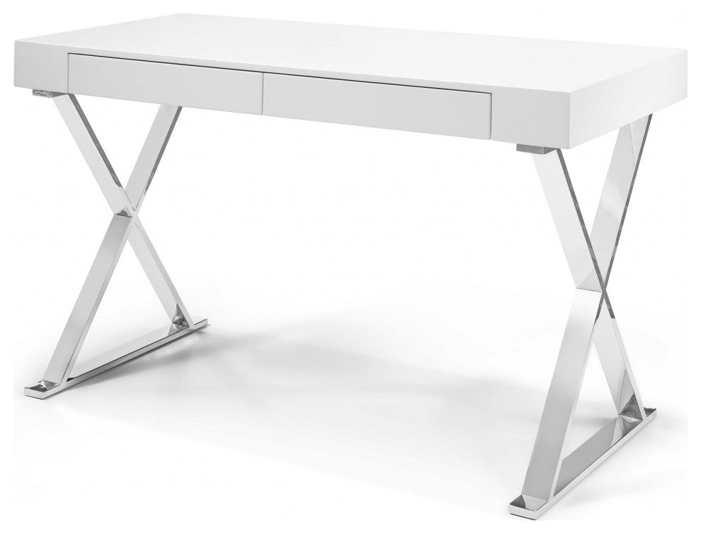 HomeRoots Desk Large High Gloss White Two Drawers Stainless Steel Base
