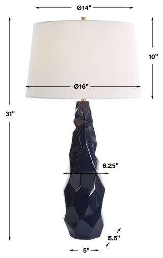 Abstract Faceted Gloss Navy Blue Ceramic Table Lamp 31 in Geometric Crinkle Luxe