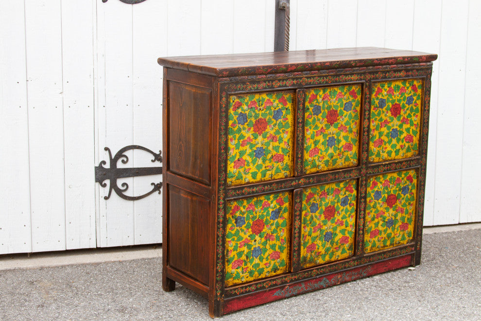 Antique Painted Floral Tibetan Cabinet