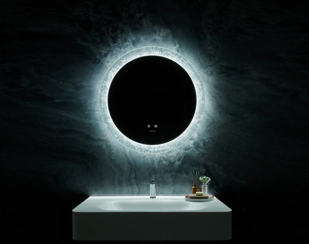 Frysta Round LED Frameless Mirror With Dimmer and Defogger, 30 Inch.