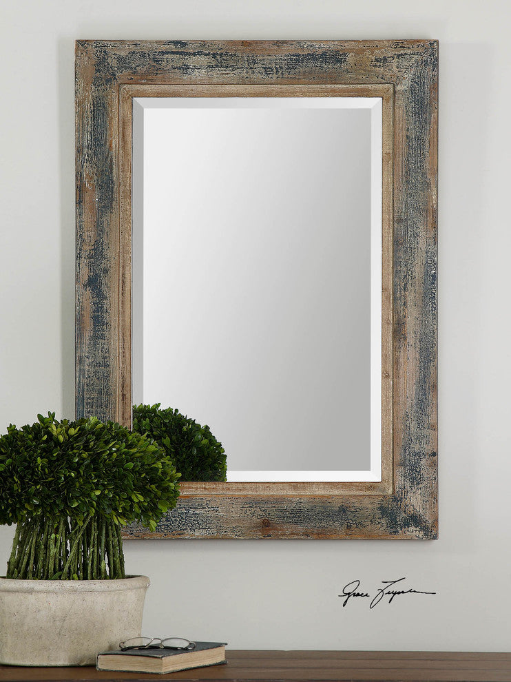 38" Distressed Dark Blue Wood Wall Mirror, Cottage Vanity Slate Vintage Style