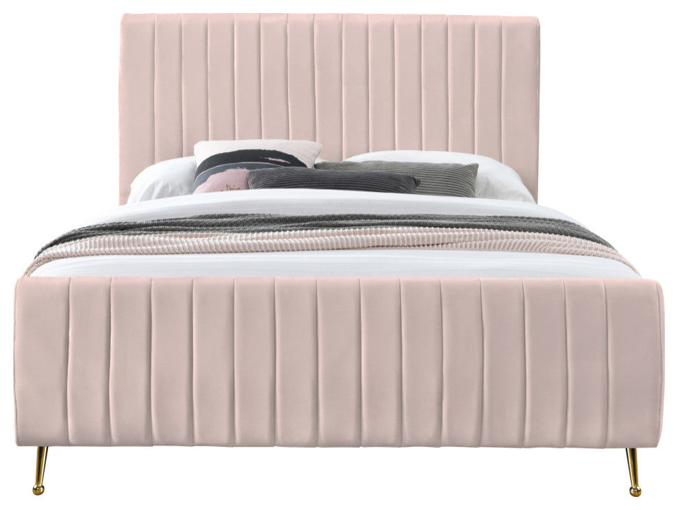 Zara Channel Tufted Velvet Upholstered Bed With Custom Gold Legs, Pink, Full