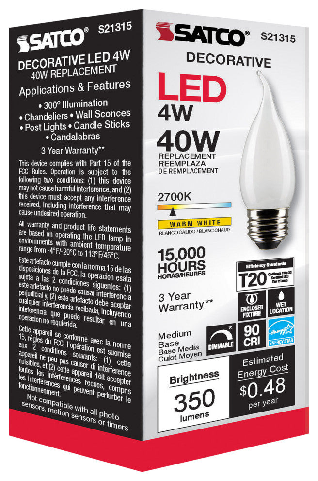 4W CA10 LED, Frost, Medium Base, 90 CRI, 2700K, 120V