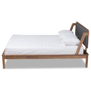 Helsa Dark Gray Fabric Upholstered And Walnut Finished Queen Size Platform Bed