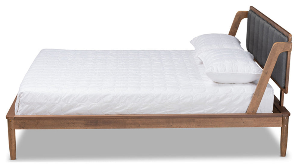 Helsa Dark Gray Fabric Upholstered And Walnut Finished Queen Size Platform Bed