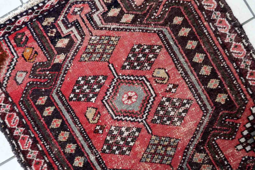 Handmade Vintage Persian Hamadan Rug 2.5'x4.2', 78cmx131cm, 1950s