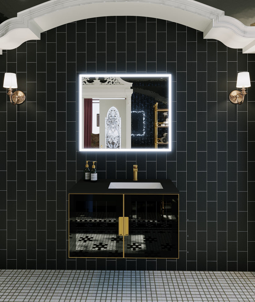 Solaria Glass Facade Floating Vanity, 36", Black Porcelain Top, Right Sink