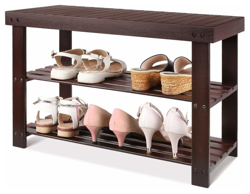 3-Tier Bamboo Wood Shoe Rack Bench Entryway Shoe Storage, Brown