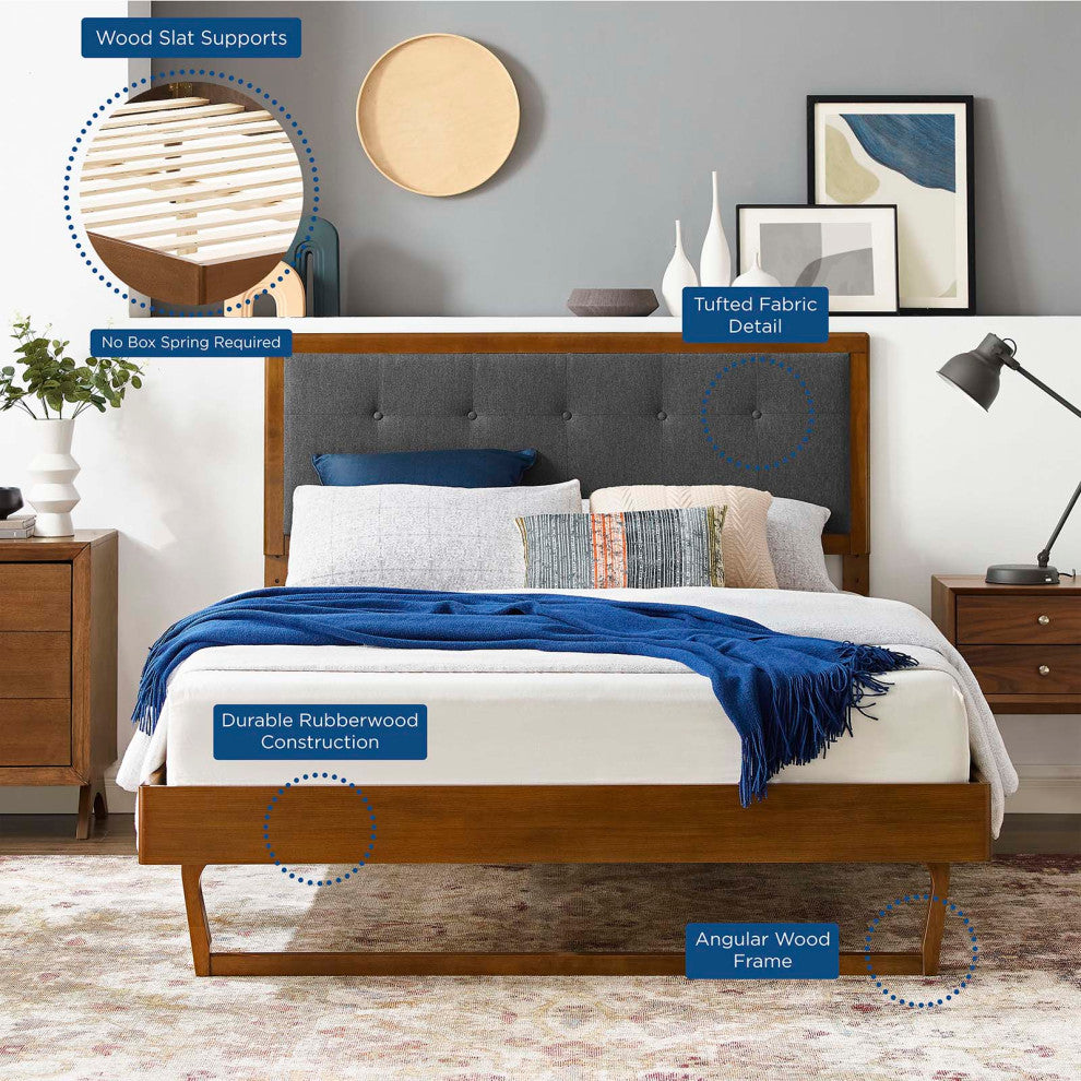 Platform Bed Frame, Queen Size, Fabric, Wood, Brown Walnut Gray, Modern