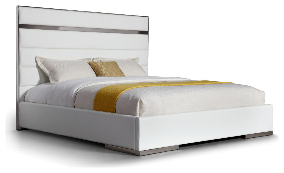 Modrest Cartier Modern White Vegan Leather + Stainless Steel Bed, Queen