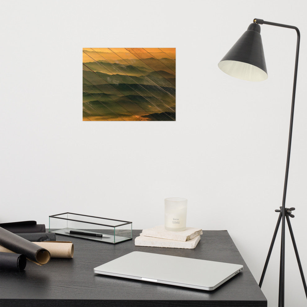 Faux Wood Foggy Mountain Layers at Sunset Landscape Unframed Wall Art Prints, 11" X 14"