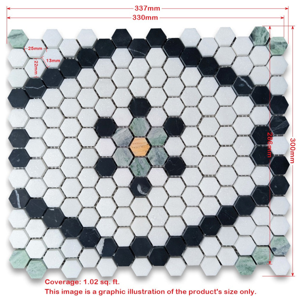 Thassos White Marble Hexagon Historic Snowflake Mosaic Tile Green, 1 sheet