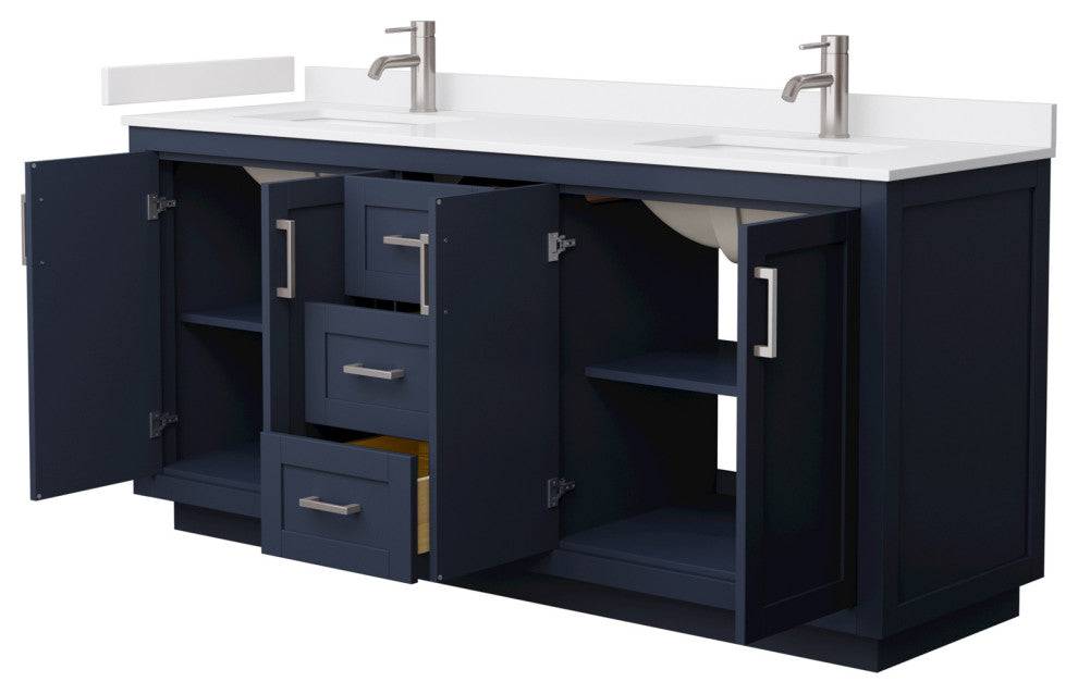 72"DBL Vanity Dark Blue, White Cult. Marble Countertop, Sinks, Nickel Trim