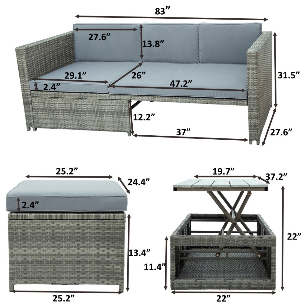 4 Pieces Outdoor Rattan Patio Sectional Sofa Set With Retractable Table