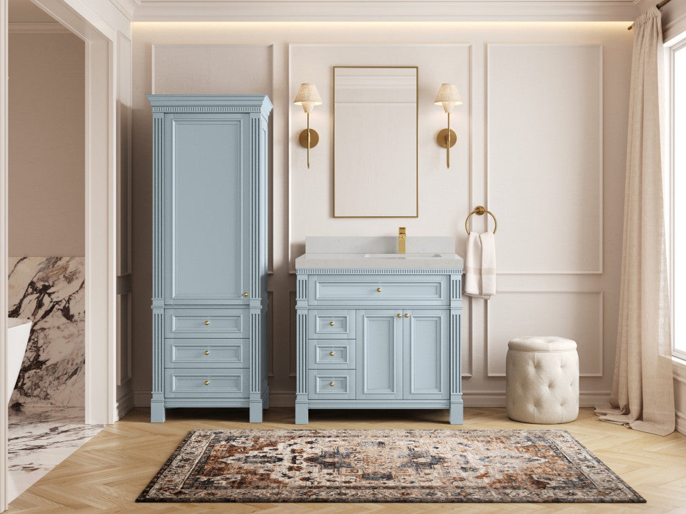 Paris 36" Right Offset Bathroom Vanity, Blue Heather 2" Carrara Quartz