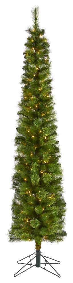 7' Green Pencil Faux Xmas Tree W/Clear Multifunction Lights & Bendable Branches