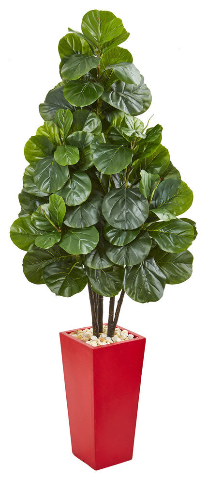 Nearly Natural 58" Fiddle Leaf Fig Artificial Tree in Red Tower Planter