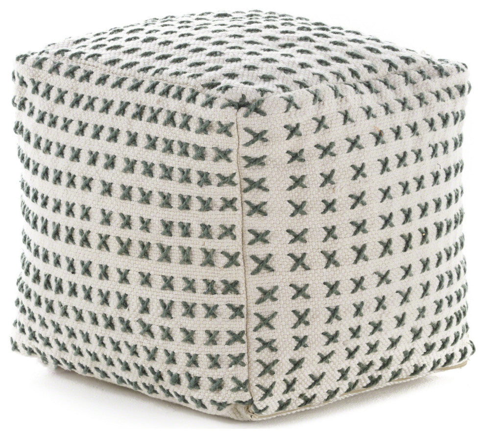 GDF Studio Fender Cream and Green Fabric Square Pouf Ottoman