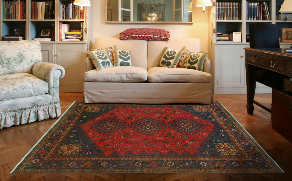 Fine Vintage Distressed Malaya Red/Navy Rug, 6'9 x 10'3