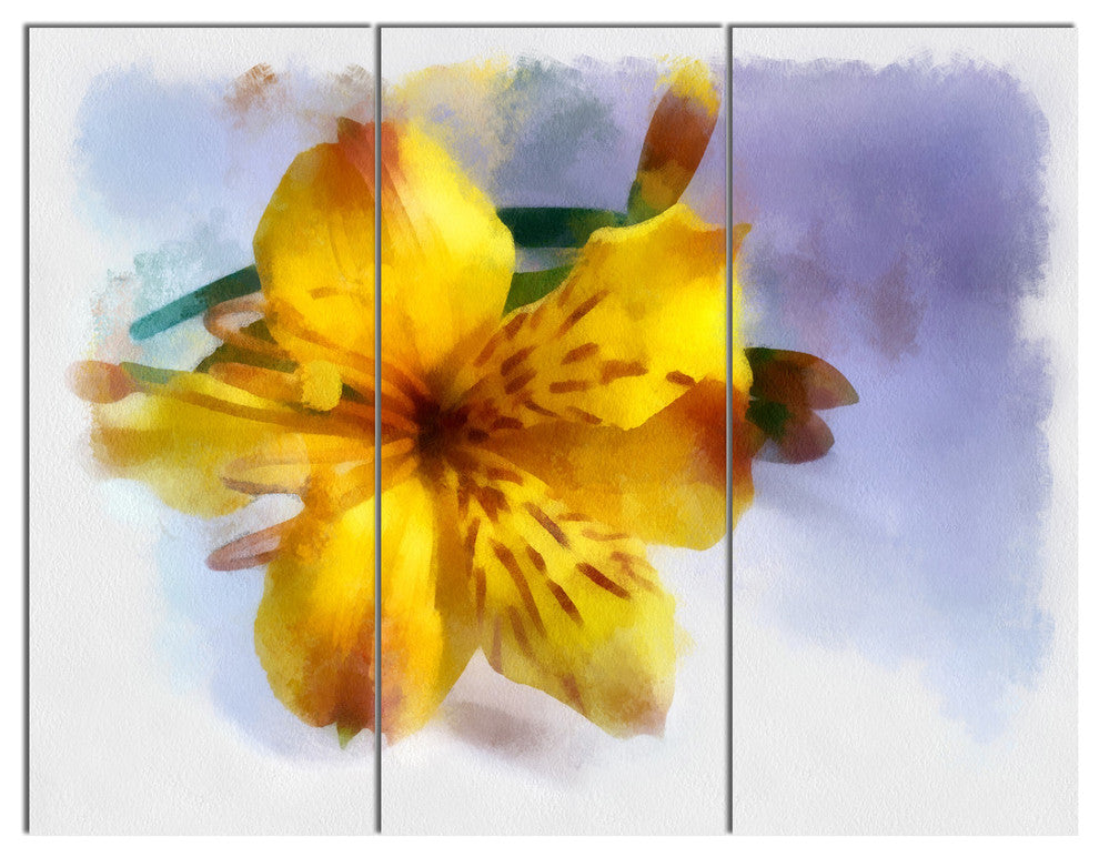 Yellow Lily Hand drawn Flower, Floral Triptych Canvas Art Print, 36x28, 3 Panels