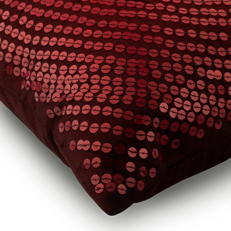 Sequins Embellished Deep Red Art Silk 18"x18" Pillow Cover, Dots of Cheer
